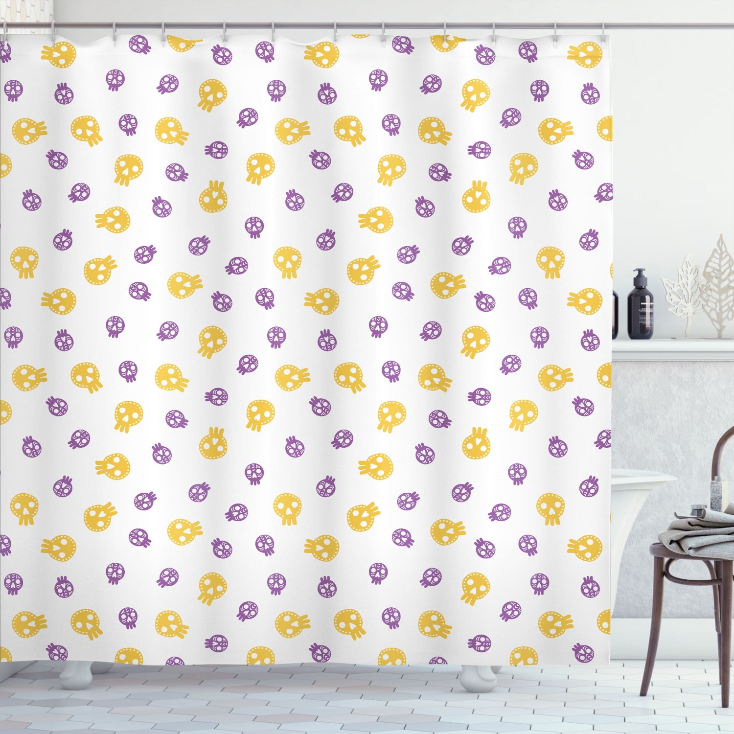 Purple and Yellow Shower Curtain, Halloween Scary Skeleton Themed Plenitude Skull Printings