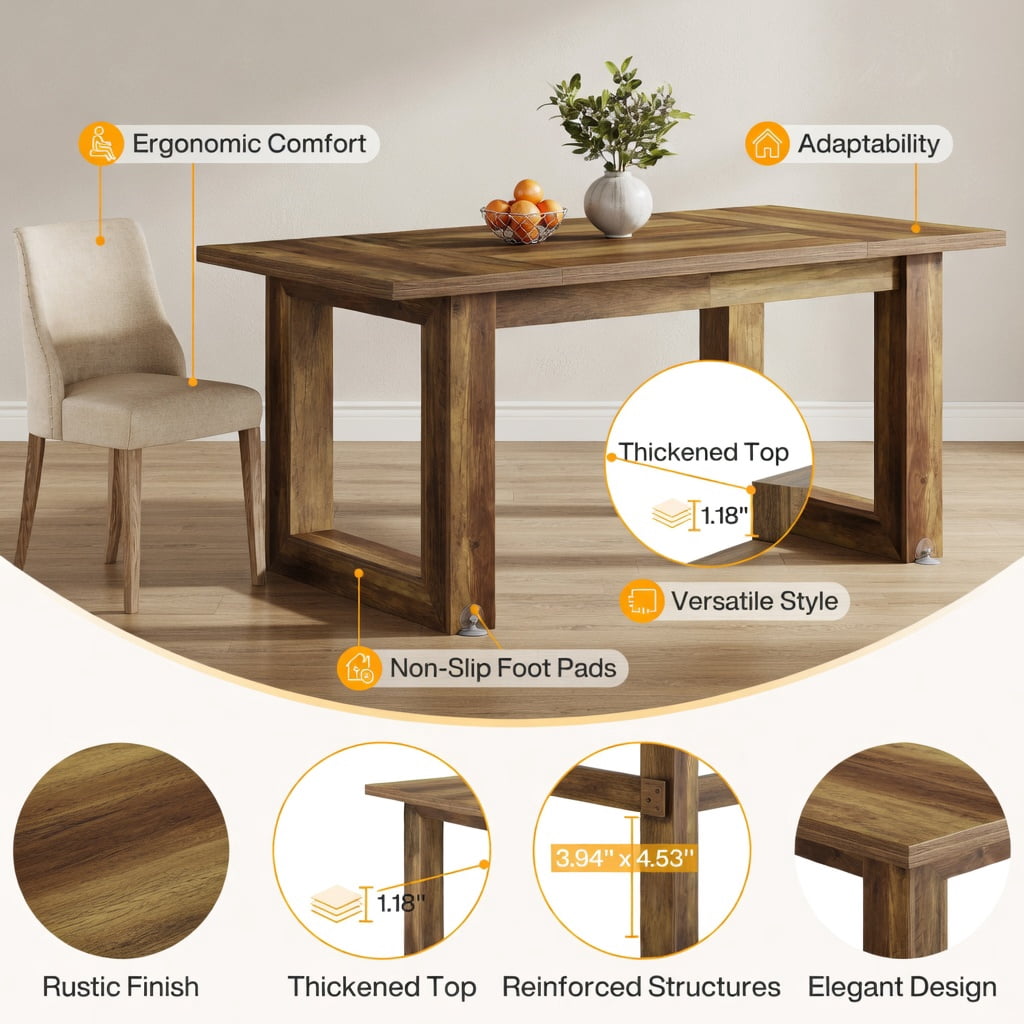Hommoo 63 Inch Rectangular Wooden Dining Table for Kitchen & Dining Room, Modern Farmhouse Style, Sturdy Square Base, Seats 4-6, Easy Assembly, Natural