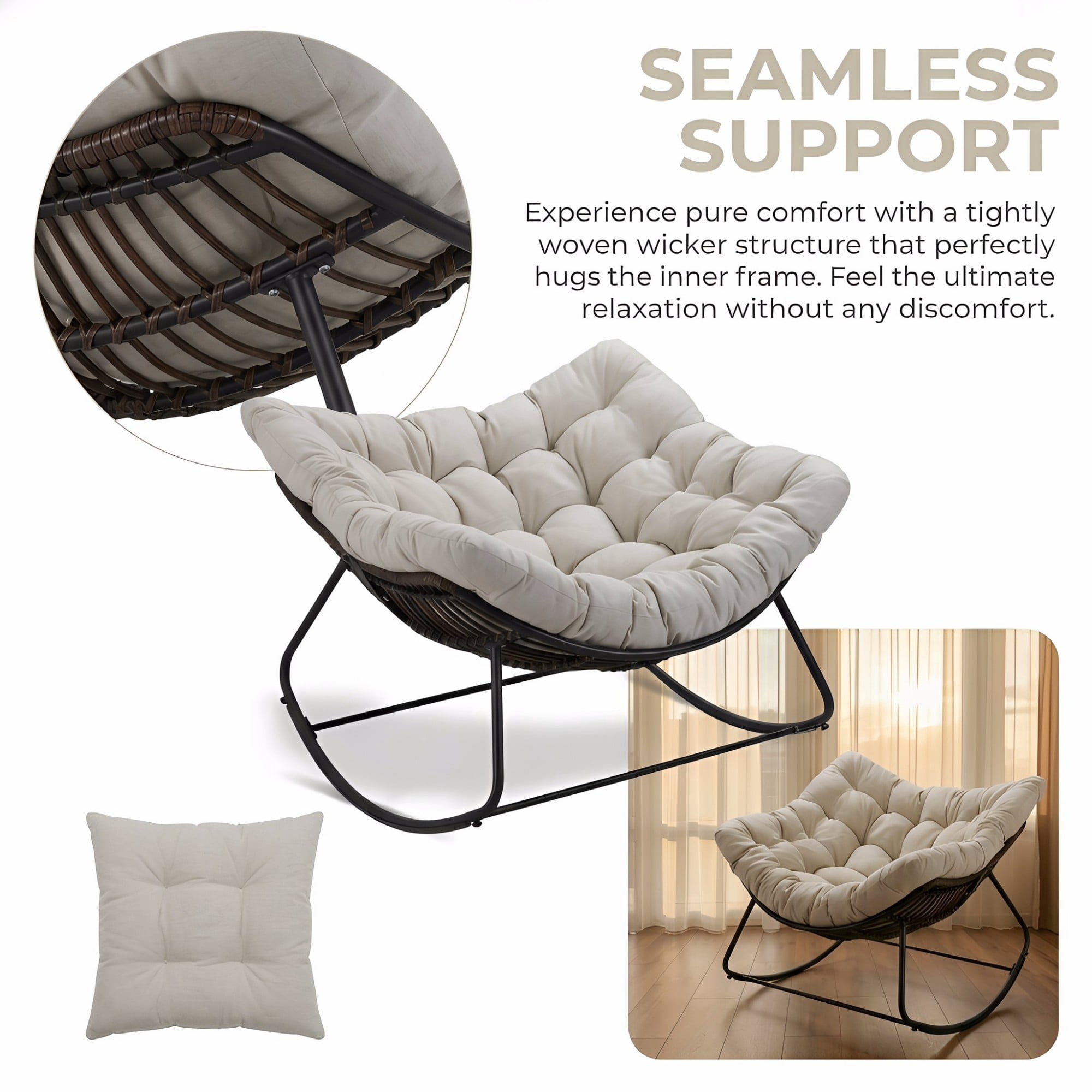 Outdoor Papasan Rocking Chair Oversized, Rattan Egg Rocker Chair with Padded Cushion, 400lbs Patio Wicker Rocking Chair for Living Room Porch Backyard, Light Gray