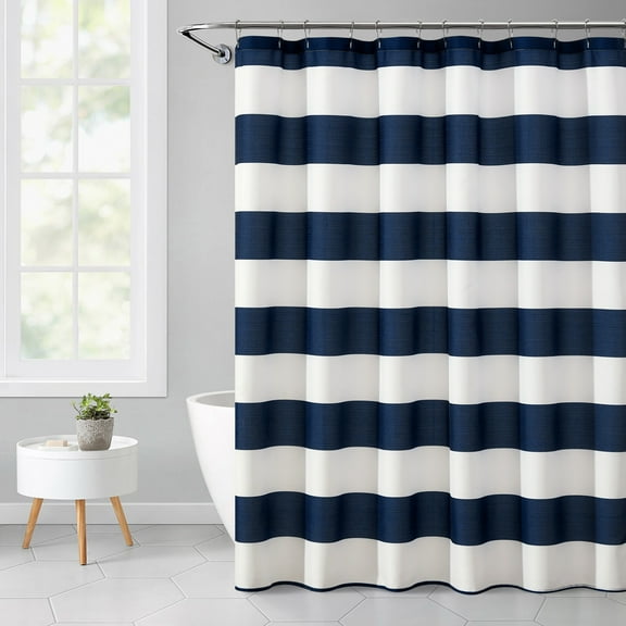 Mainstays Blue Cabana Striped Printed 72" x 72" Ribbed Textured Shower Curtain, Polyester