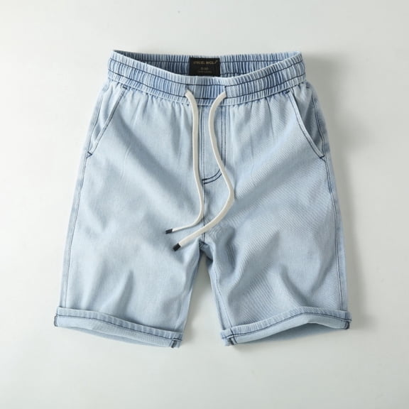 LYMAYTER Men's Jean Shorts Stretch Waist 5-Inch Inseam Breathable Straight Leg Denim Shorts XS-2XL