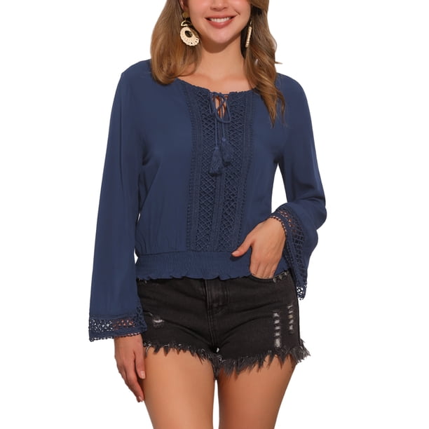 INSPIRAR CHIC Blusas de Mujer con Mangas de Campana, Encaje Boho, Cintura Fruncida, Blusa Campesina, Azul Marino S