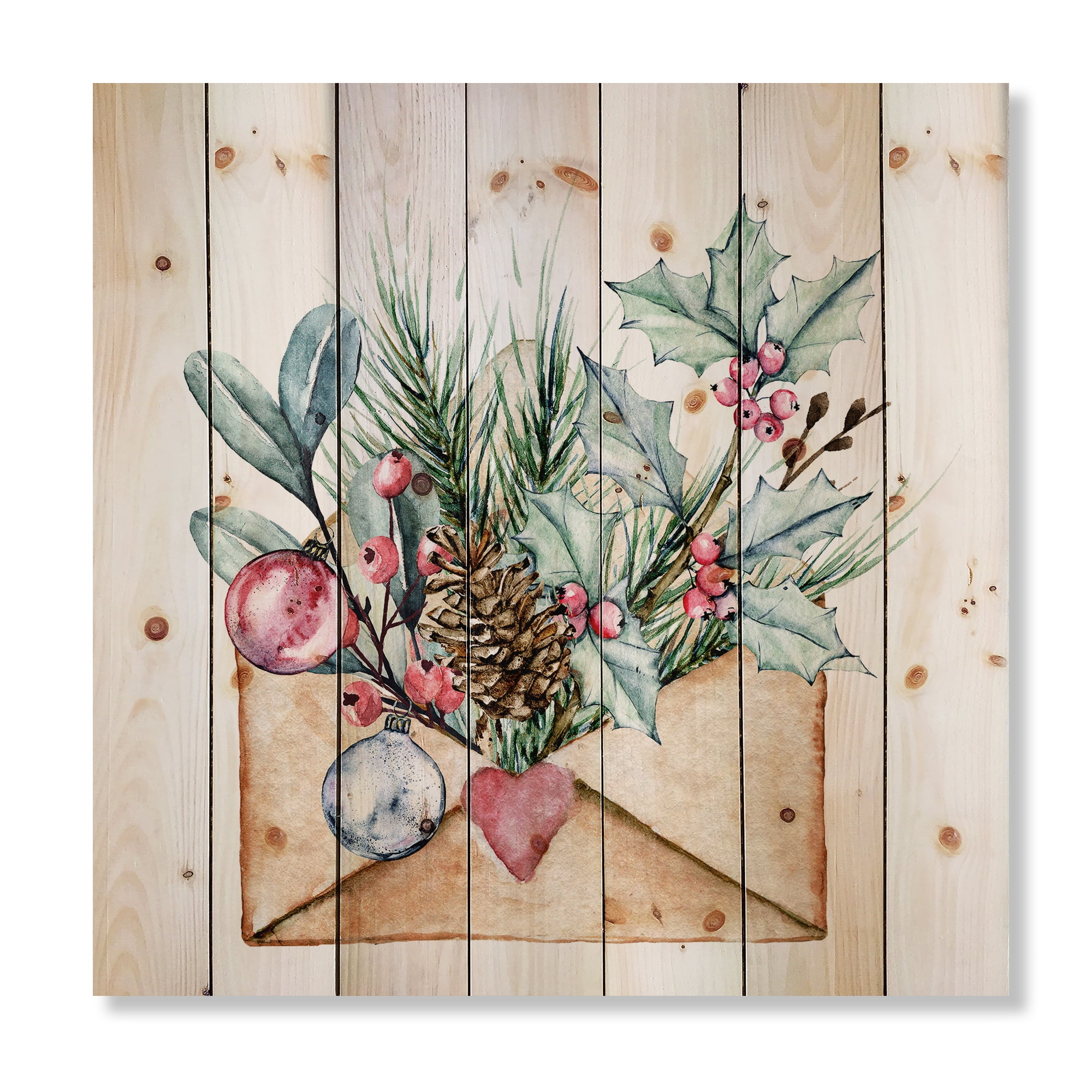 Designart 'Merry Christmas Greeting Card Envelope' Traditional Print on Natural Pine Wood