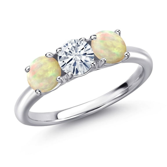 Gem Stone King 925 Sterling Silver White Moissanite and White Ethiopian Opal Engagement Ring for Women | 1.10 Cttw | Round 5MM | Gemstone Birthstone | Size 5
