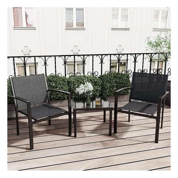 3 Pieces Patio Furniture Set Outdoor, Textilene Chairs & Glass Table - Black Modern Conversation Set for Garden, Lawn, Balcony, Poolside