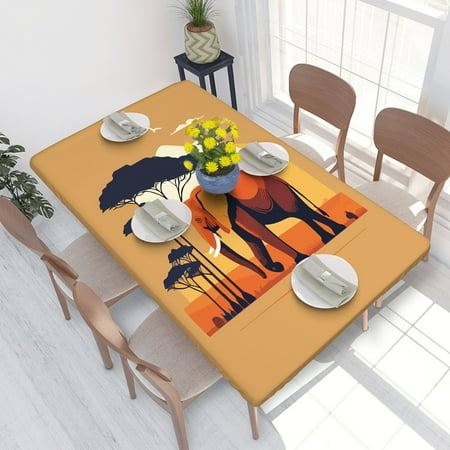 

Elastic Edge Fitted Tablecloth African Elephant In The Savanna for Rectangle Table 4 FT 30 X 48 Inch