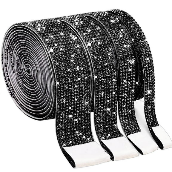 4 Rolls Self Adhesive Rhinestone Strips, 2mm Diamond Bling Crystal Tape, Sparkling Stickers for DIY Crafts, Home Décor, and Gift Wrapping – Black