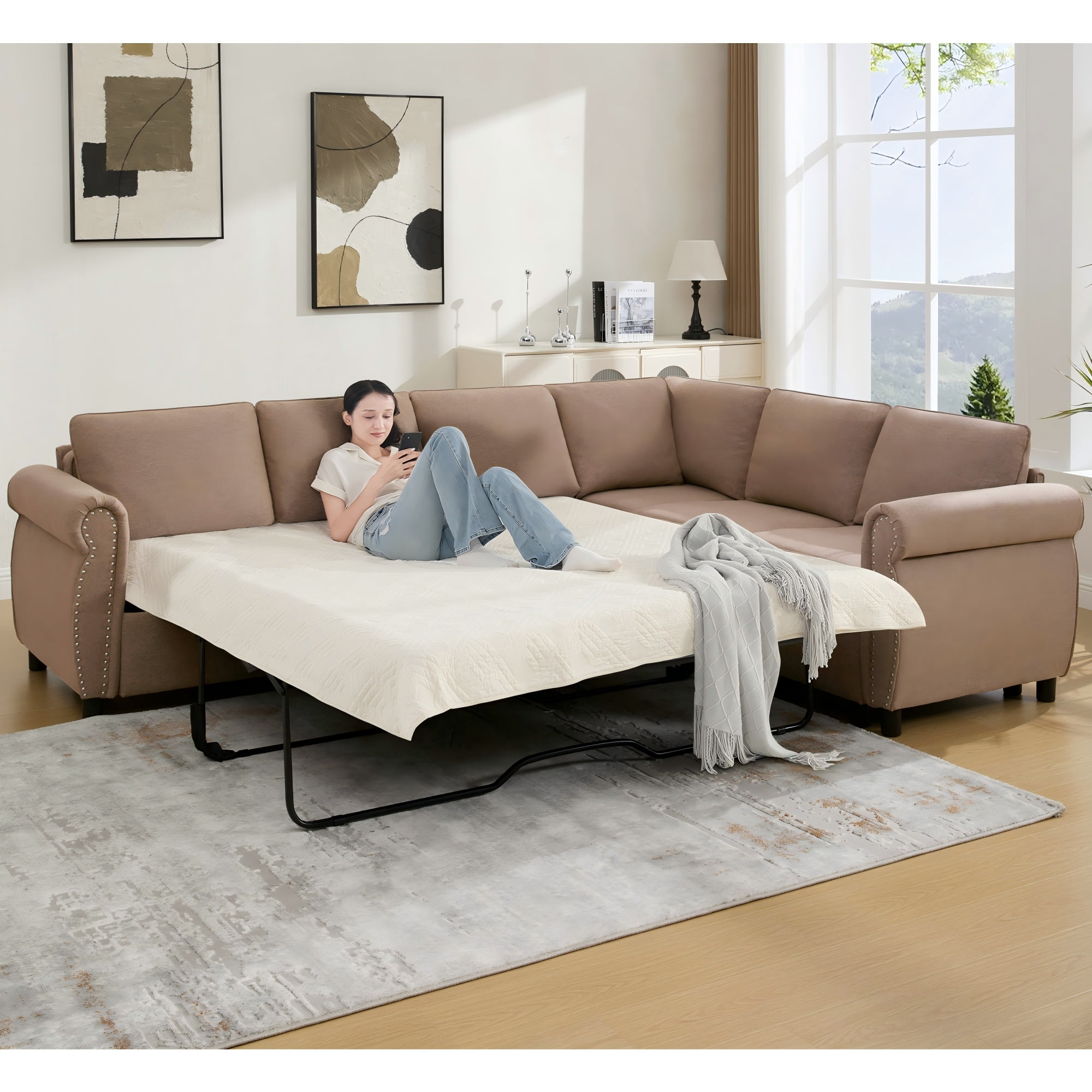 LLappuil Sectional Sofa, Pull Out Sofa Bed Queen Size, 6 Seat Sofa Couch Convertible Sleeper Sofa Bed for Living Room Brown