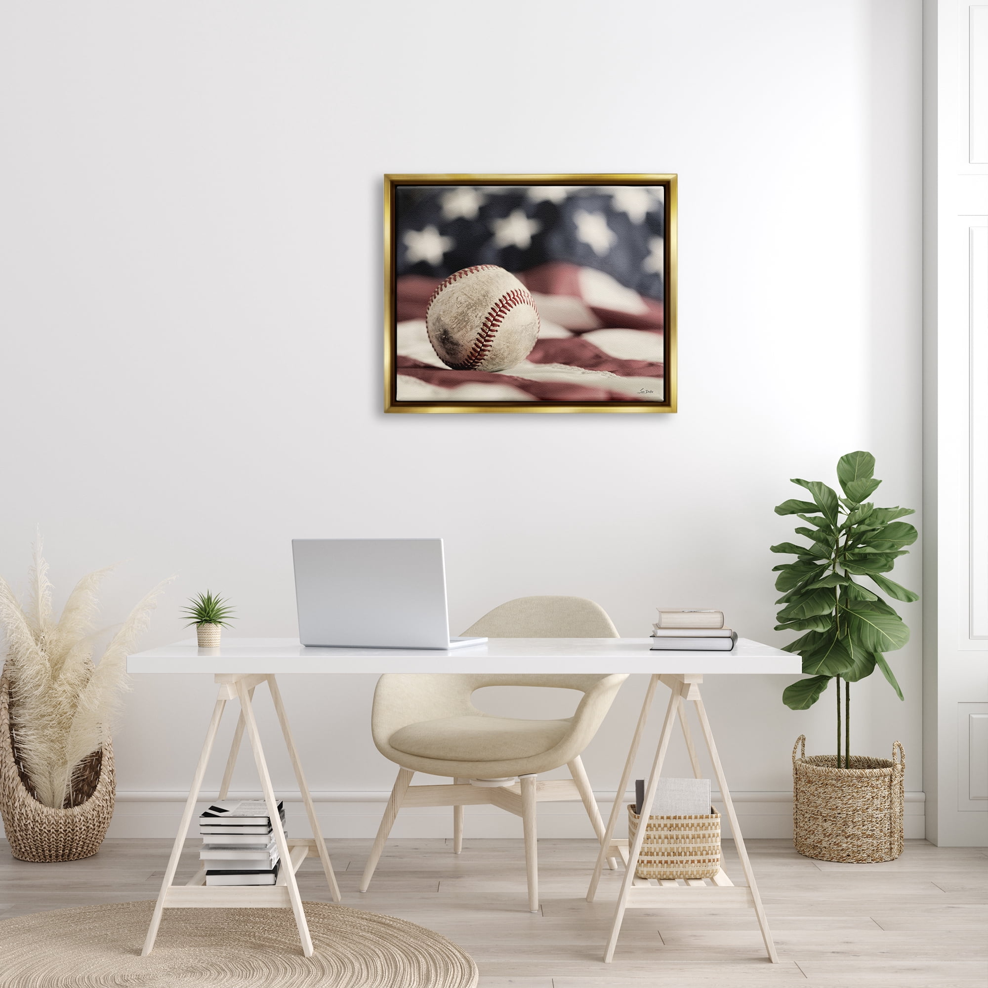 Stupell Industries Baseball & American Flag Sports Photography Gold Floater Framed Art Print Wall Art, 31 x 25