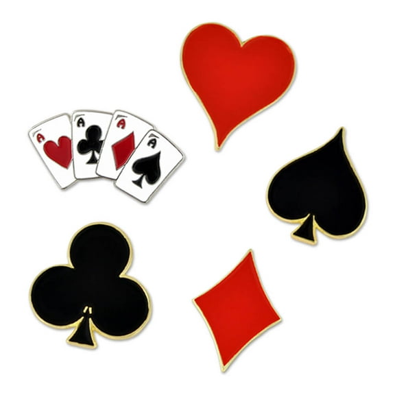 Red Heart Black Spade Aces Club Diamond Playing Card Enamel Lapel Pin Set - 5 Piece Unisex Pin Set for Teens and Adults