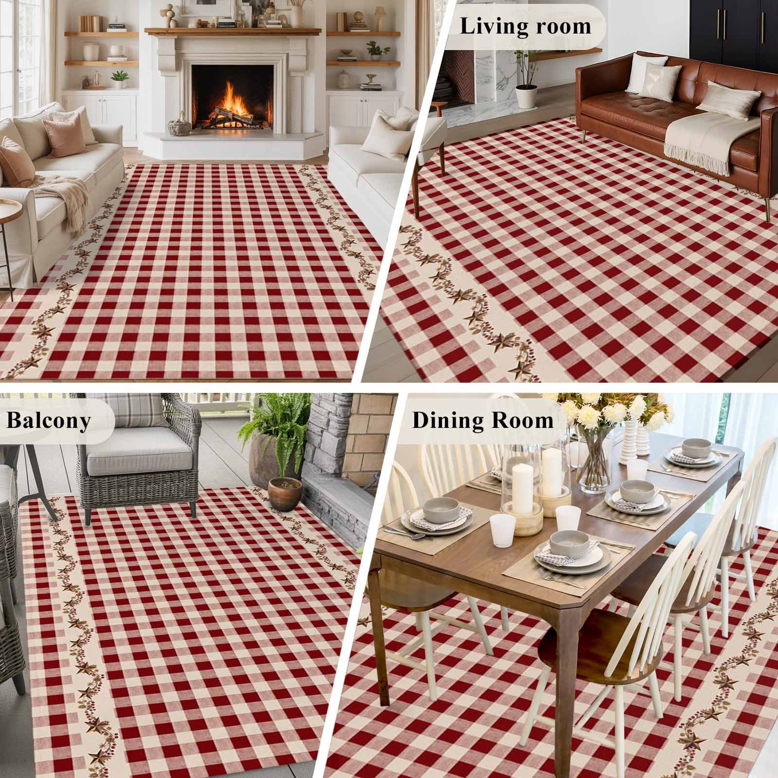Large Area Rugs for Living Room Bedroom, Western Texas Star Retro 6'x9' Rug Washable Carpet Runner Indoor Outdoor, Country Vintage Red Beige Plaid Non Slip Floor Mats Rug for Kitchen, Playroom