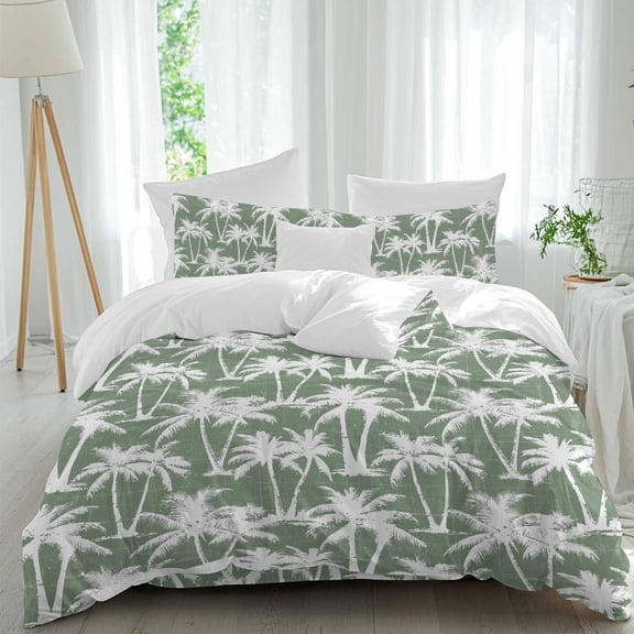 Sage Green Palm Tree 4 piece Duvet Cover Set, Comfort Bedding Set King Size Coastal Beach Nautical Green and White Silhouette Include a Duvet Cover, a Bed Sheet, 2 Pillowcase with Zipper
