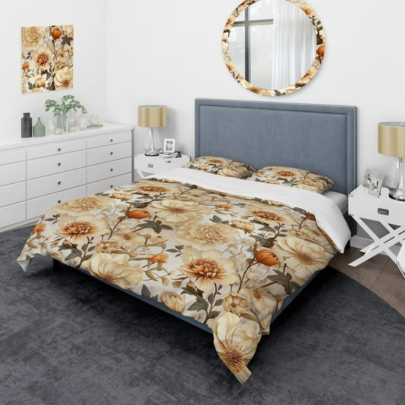 Designart "Fall Boho Poppy Array I" Beige Floral Bedding Covert Set - Cottage Bed Set With 2 Shams