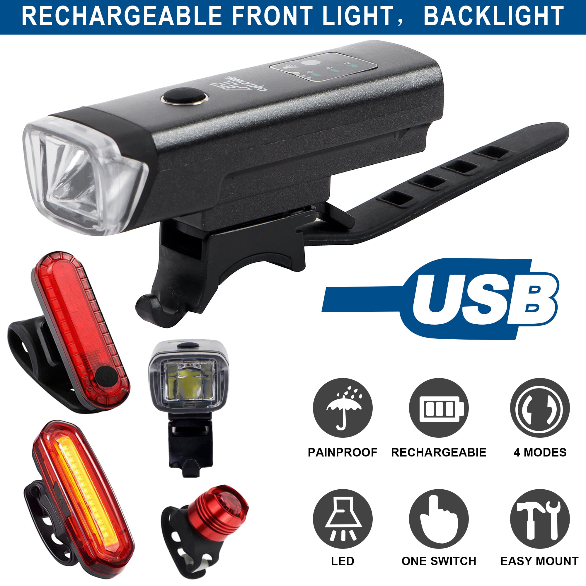 Super Bright USB Led Bike Bicycle Light Rechargeable Headlight & Taillight Set 