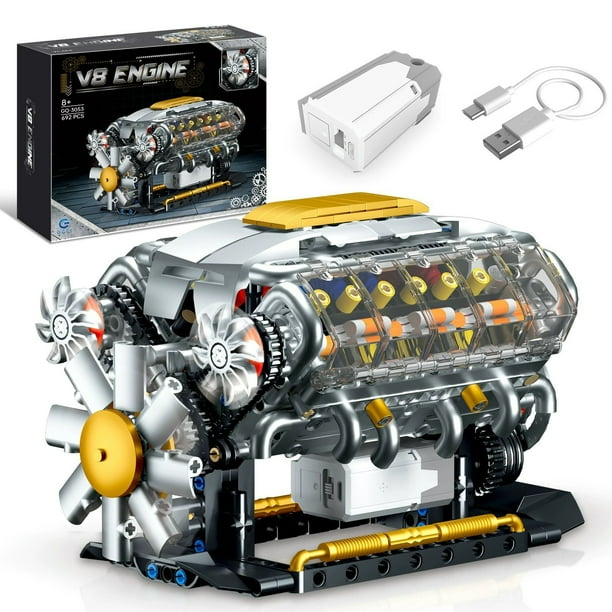 Kit de construcción de motor V8 para adultos | Conjunto de modelos de mini motor DIY | Diseño MOC realista | Alimentado por motor USB | Culatas transparentes | Material seguro para ABS | Juguete de