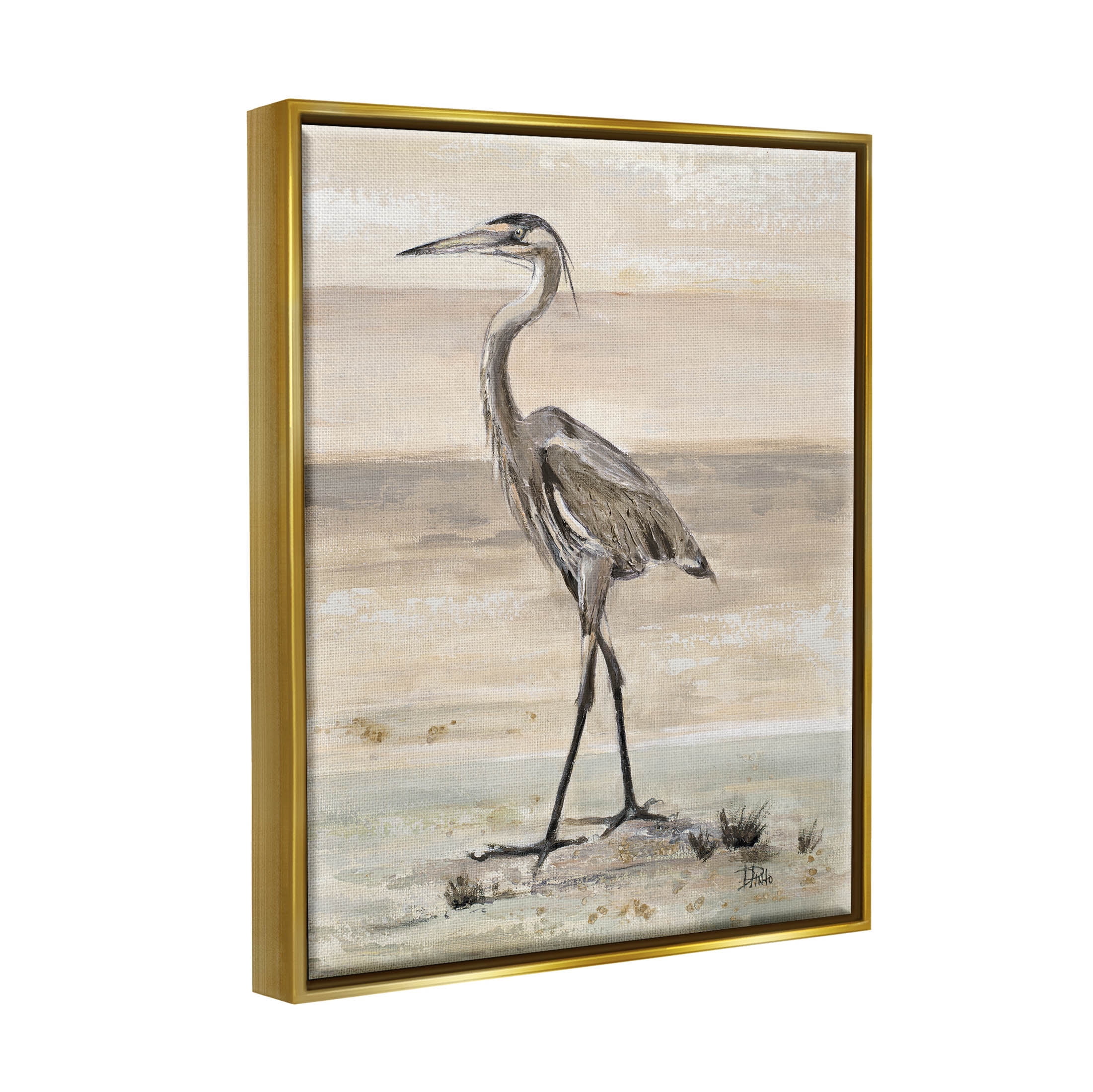 Stupell Industries Crane Bird Beach Shore Painting Metallic Gold Floating Framed Canvas Print Wall Art, Design by Patricia Pinto