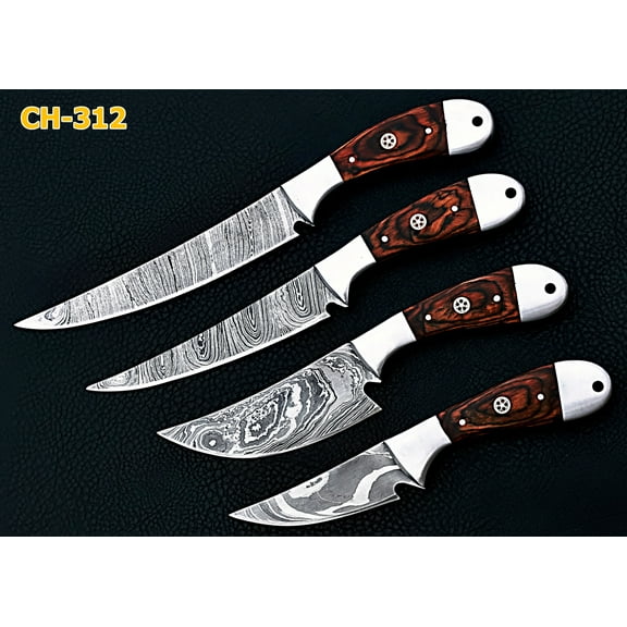 4 pieces Damascus steel fillet knife set, over all 40" long knives set with walnut wood scale and steel bolsters, includes leather travel bag