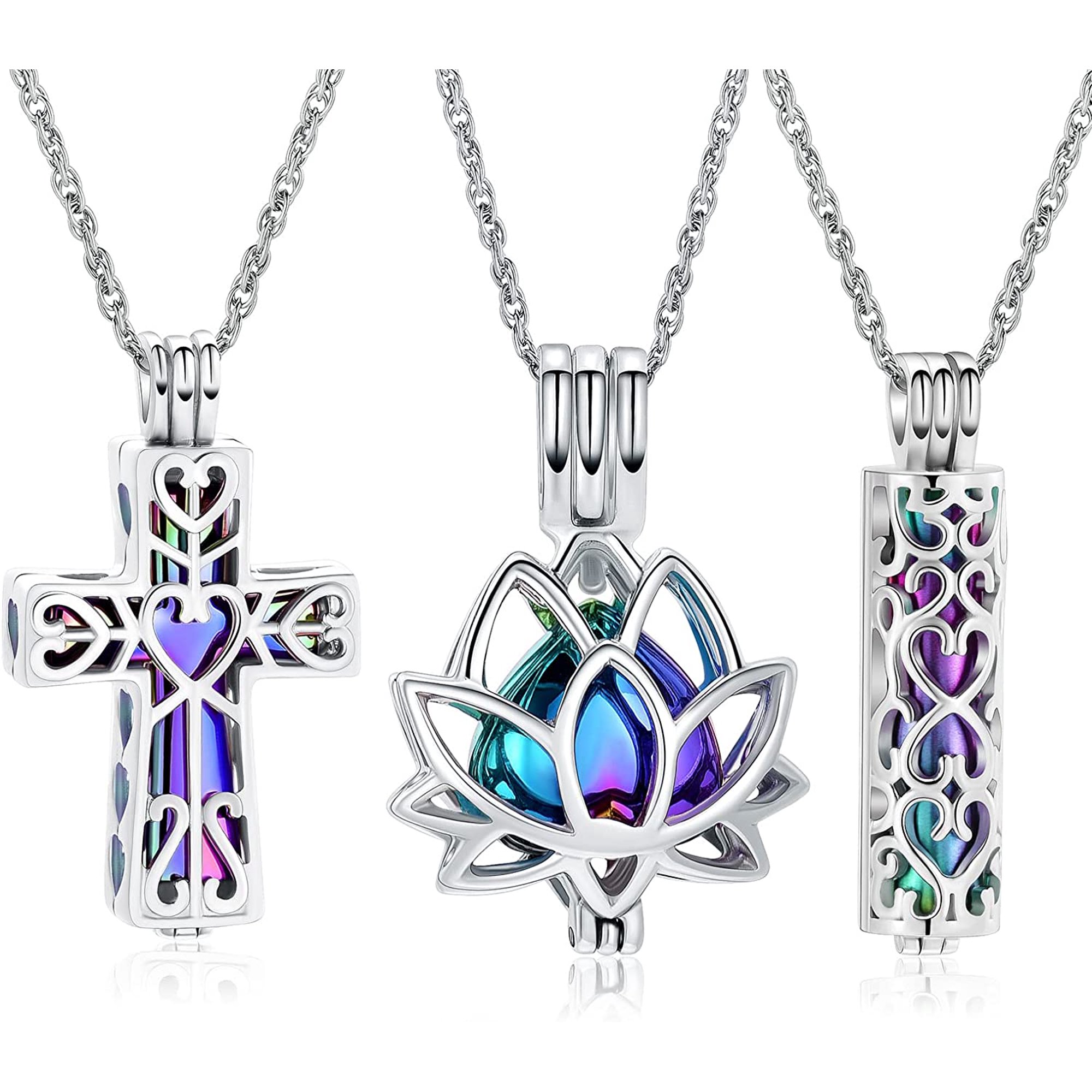 3 Pack Cross & Heart & Lotus Cremation Urn Necklace for Ashes Cross Cylinder Urn Keepsake Jewelry for Ashes Loved One Memorial Keepsake Pendant