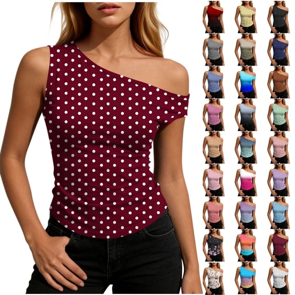 Qingpeng Womens Polka Dots One Off The Shoulder T Shirts Sleeveless Retro Tops 2026 Summer Casual Slim Blouse