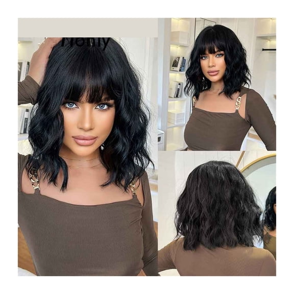 Black Wig with Bangs Natural Wigs for Women Short Wavy Synthetic Wig Daily Party Heat Resistant Hair