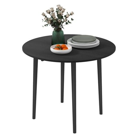 Round Folding Dining Table - 35" Drop Leaf Kitchen Table, Distressed Black, Solid Wood Legs, Space Saving Design for Dining Room