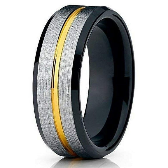 Silly Kings Jewelry Tungsten Wedding Band Yellow Gold Tungsten Ring 8mm Brushed Tungsten Band Black Tungsten Men and