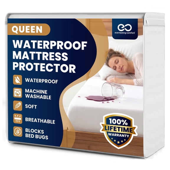 Everlasting Comfort Queen Mattress Protector, Waterproof Bed Bug & Mite Protection Cover