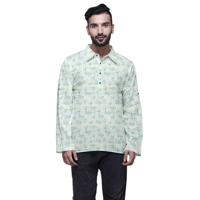 Atasi Kurta à Manches Longues pour Hommes en Coton Imprimé Col Évasé Ethnique Bleu Sarcelle