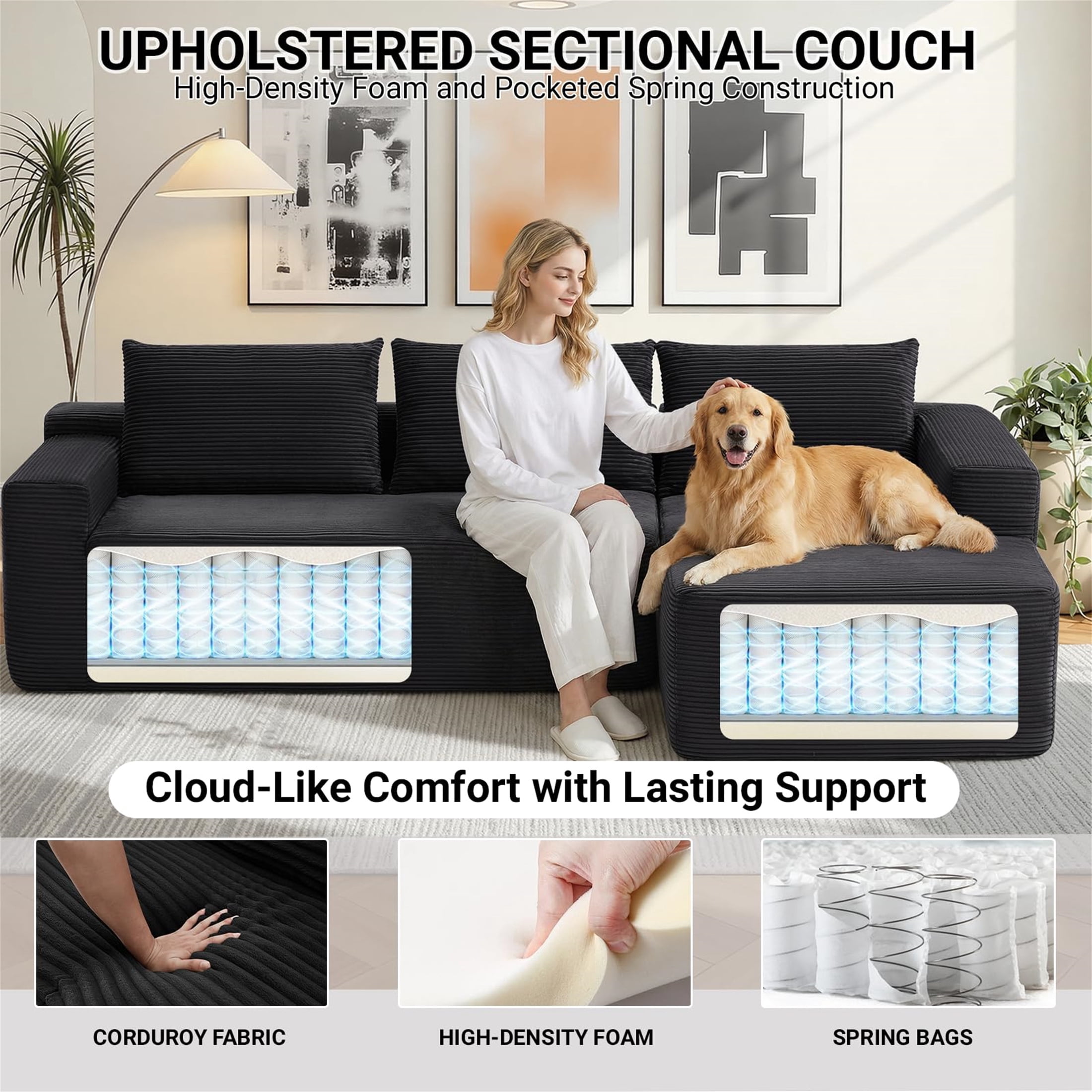 Aukfa 96" Cloud Sectional Sofa Deep Seat Boneless Couch Modular L-Shaped Couch, Right Chaise Corduroy Sofa for Living Room, Black