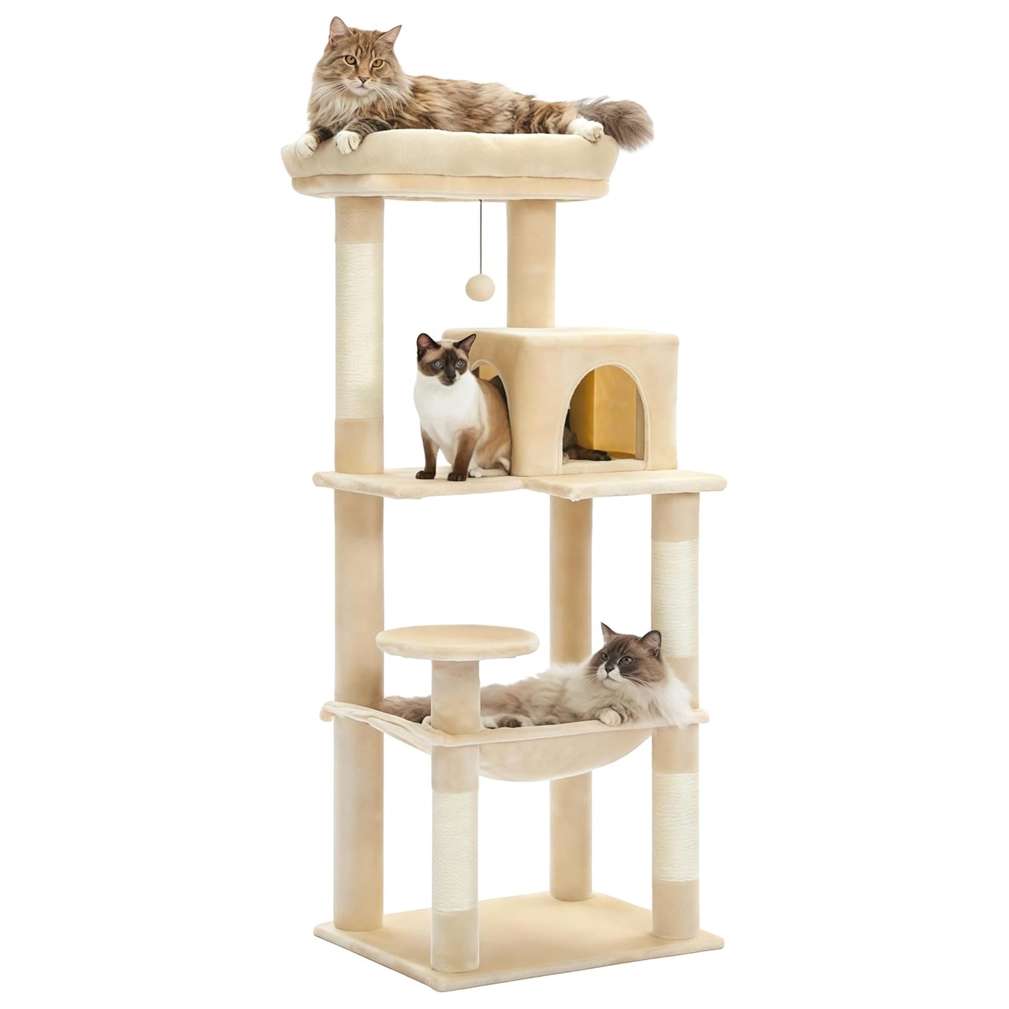 Cat Tree for Large Cats, 56.3" Tower with Hammock & Condo, 6-Tier Cat Shelves, Scratching Posts, Beige