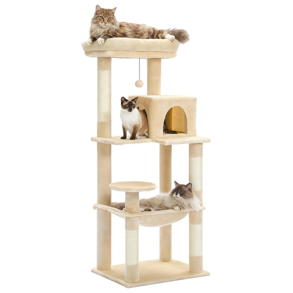 Cat Tree for Large Cats, 56.3" Tower with Hammock & Condo, 6-Tier Cat Shelves, Scratching Posts, Beige