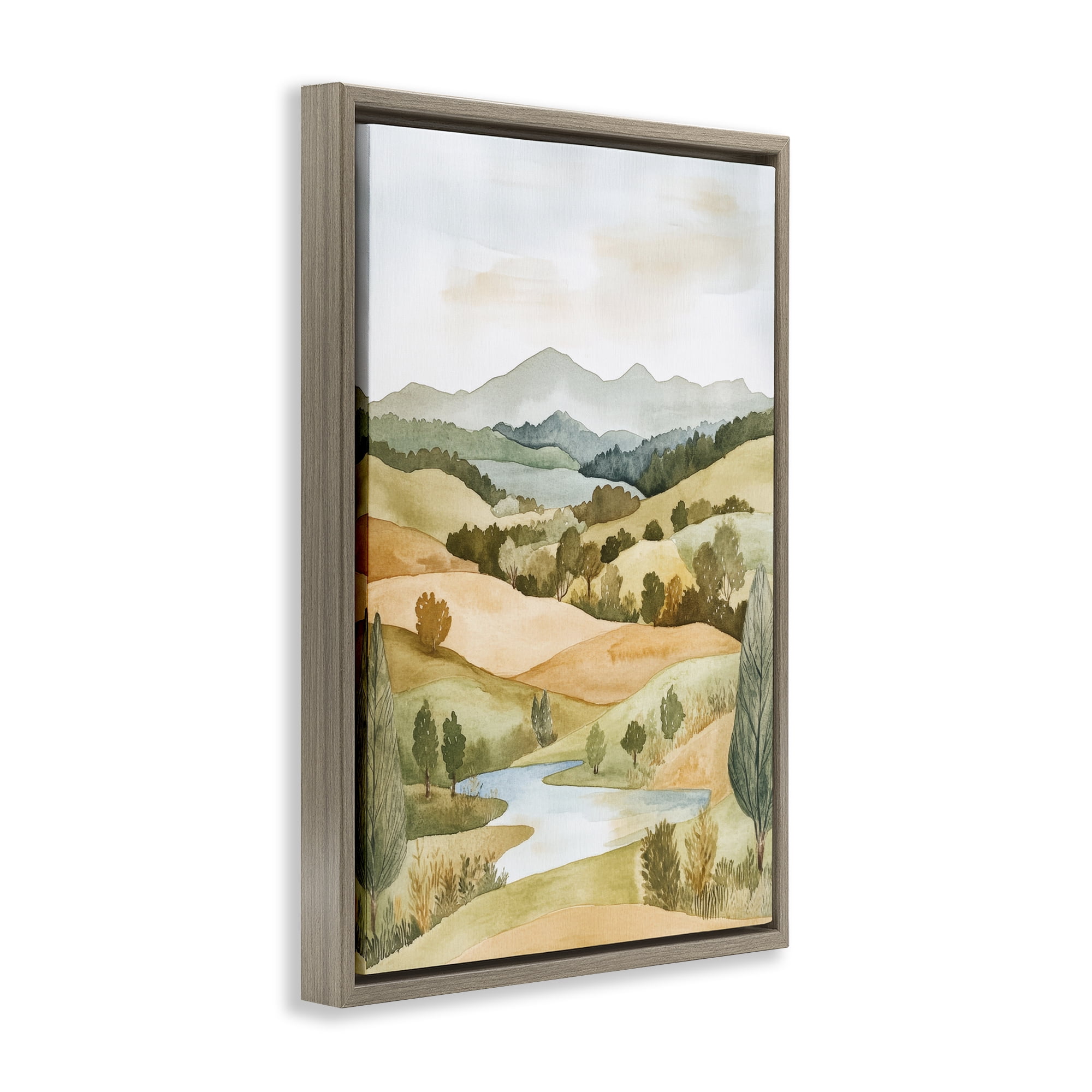 Stupell Industries Watercolor Hills & Tranquil Valley Brown Framed Floater Canvas Wall Art, design by Petal Prints Design