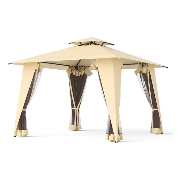 Metal Gazebo Outdoor 12x12 Beige - 2-Tier Canopy Party Tent with Mesh Sidewalls, UV Protection, Steel Frame