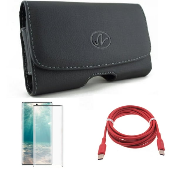 Screen Protector & Case Belt Clip & Red 6ft Long Cable for Samsung Galaxy Note 20 (6.7") - Combo with Tempered Glass (Fingerprint Unlock) & Leather Swivel & USB-C to Type-C PD Fast Charger