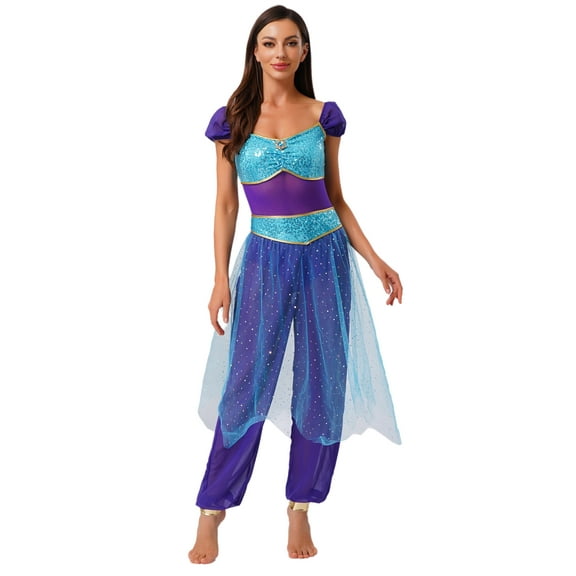 Aislor Women's Arabian Princess Sequin Belly Dance Halloween Jumpsuits with Tulle Party Blue M
