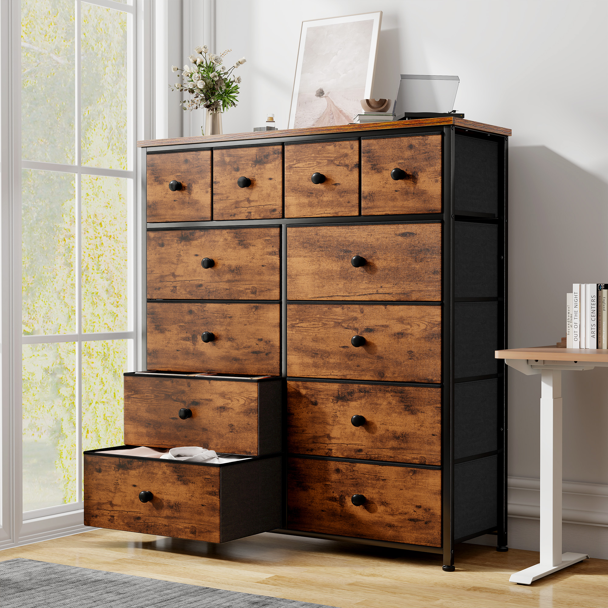 Romorgniz Tall Dresser for Bedroom with 12 Drawers Dresser for Closet Facric Dressers and Chests of Drawers, Sturdy Metal Frame, Wood Top, Rustic Brown