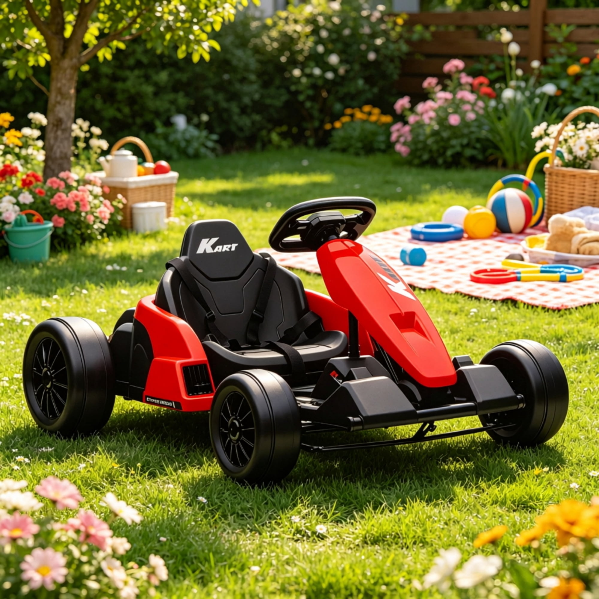 24V Electric Go Kart, Dual 150W Motors, Adjustable Seat, 11.2MPH High Speed, Slow Start, 5-Point Safety Harness, Red