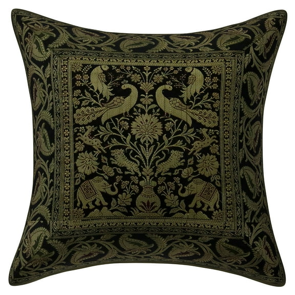 Stylo Culture Ethnic Decorative Throw Pillow Cover 16x16 Jacquard Black Square 40 x 40 cm Home Decor Brocade Peacock Elephant Zippered Cushion Cover | 1 Pc