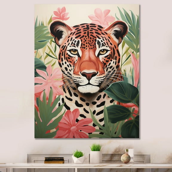 Designart "Jungle Leopard in Green and Pink III" Animals Canvas Wall Art - Traditional Pink Leopard Living Room Canvas Art
