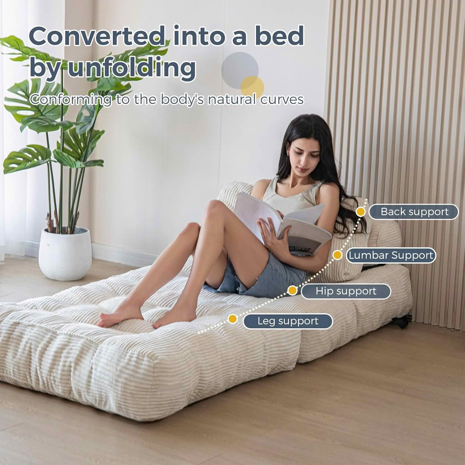 MAYEERTY Multifunctional 2-in-1 Convertible Single Sofa Bed, Modular Corduroy Floor Lounger for Compact Living Spaces，White