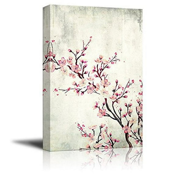 wall26 Canvas Wall Art - Watercolor Painting Style Cherry Blossom on Branch - Giclee Print Gallery Wrap Modern Home Art Ready to Hang - 12x18 inches