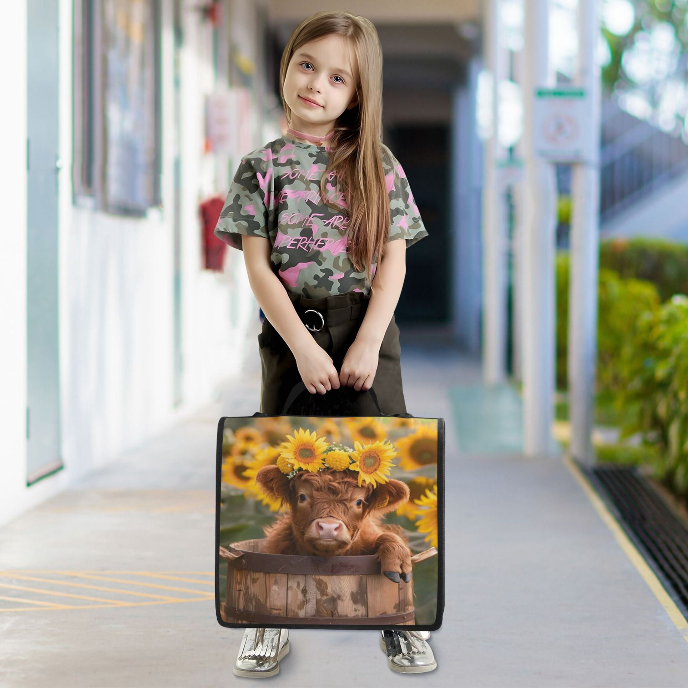Zipper Binder Sunflower Cute Highland Cow 1.5 Inch Binder Folder Bag with Shoulder Strap and Handle