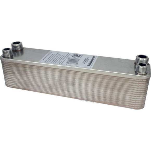 Duda Energy HX2340:M34M12 B3-23A 40 Plate Stainless Steel Heat Exchanger with 3/4" Male NPT x 1/2" Male NPT Ports Copper Brazed, 3.8" Height, 2.9" Width, 12.4" Length