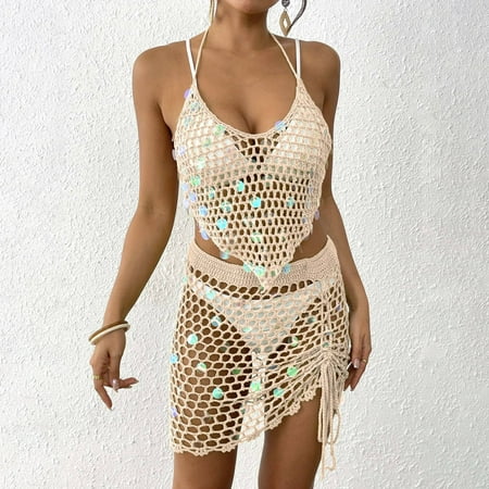 MJTBGFSWG Swimsuit Cover Ups Women s Vacation Beach Wear Sparkling Crochet Two Piece Bikini Set with Cover Up