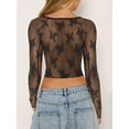 thumbnail image 3 of KelaJuan Women's Summer Fitted Crop Tops Black Long Sleeve U Neck Sheer Lace Floral T-shirt, 3 of 5