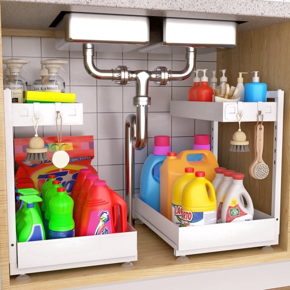 Eclaron 2 Pack Adjustable Under-the-Sink Bathroom Utensil Basket Organizers, White