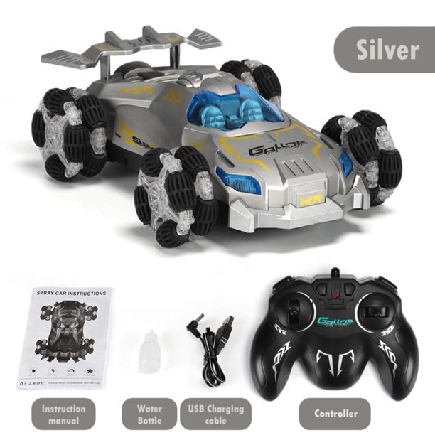 Vogacara Coche de carreras con Control remoto de 2,4G, vehículo eléctrico con carga USB, coche de Control remoto con música en aerosol y luces para Kits de construcción modelo plata Vogacara FN006623-02