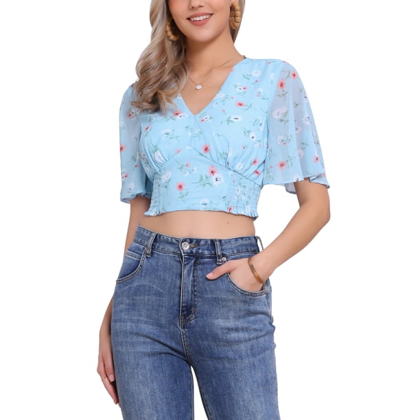 INSPIRAR CHIC Blusas Cortas de Manga Corta con Cuello en V de Verano con Estampado Floral XL Azul
