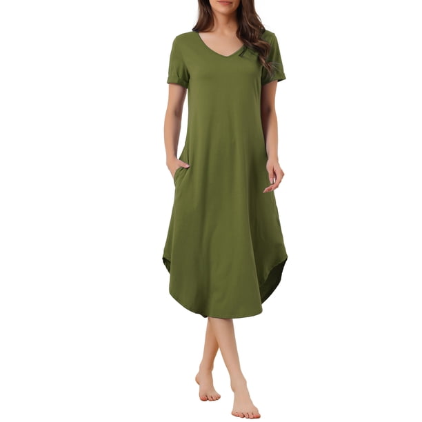 INSPIRE CHIC Camisón de Mujer con Cuello en V, Manga Corta, Camisón Largo, Vestido de Lounge para Primavera Verano con Bolsillo XL Verde Ejército
