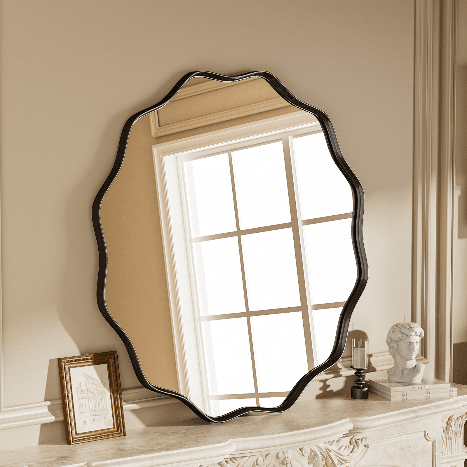 GRAHMCY 24" Wavy Round Bathroom Mirror Decorative Wall Mirror With Deep Frame, Black